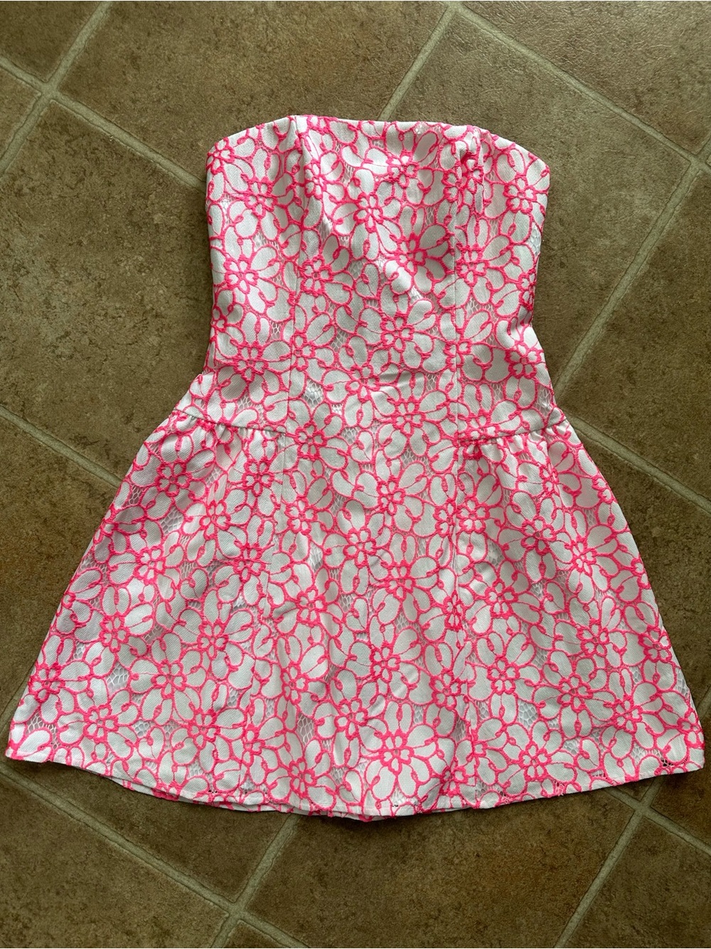 Lilly Pulitzer Jordan Strapless Pique Lace White Dress with Hot Pink Lace Dress